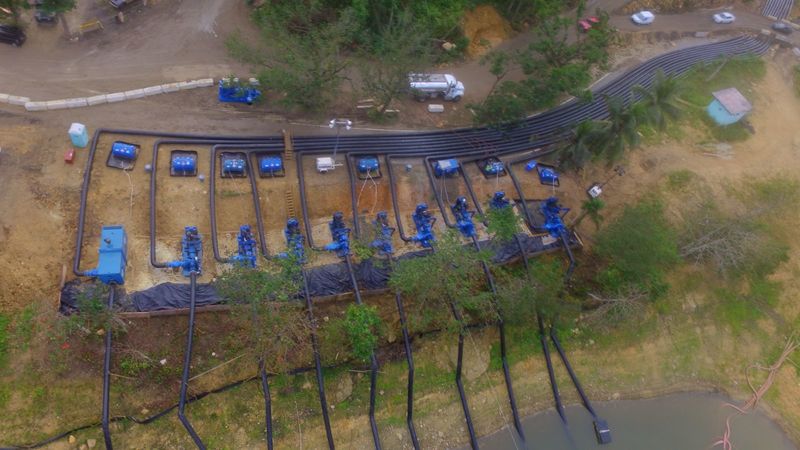 Aerial view of the setup pumping 10-18" dry prim pumps